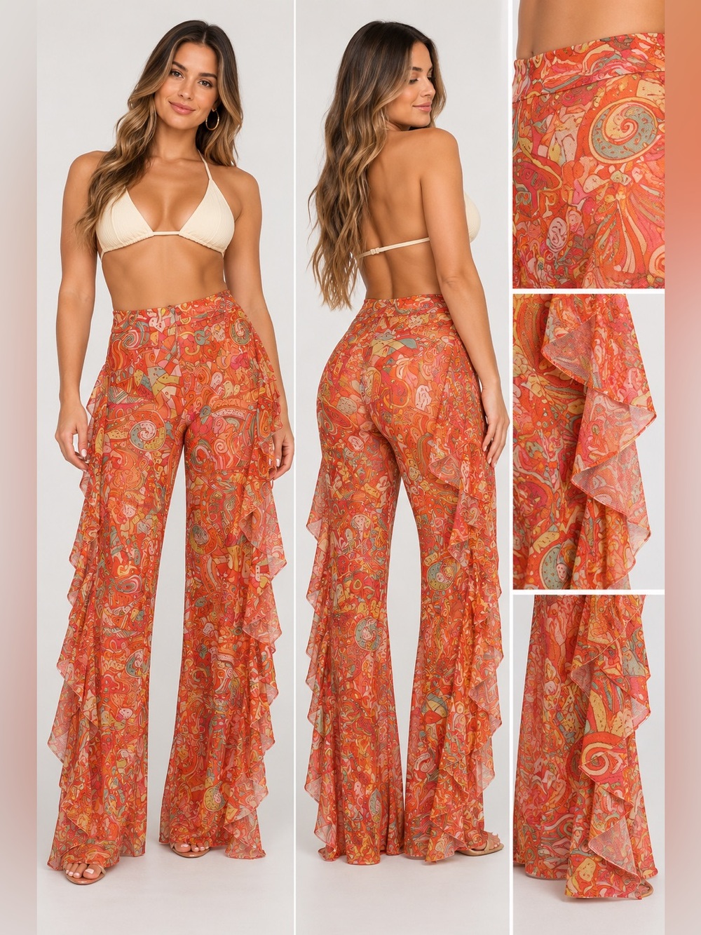 Orange Retro Paisley Ruffle Wide-Leg Sheer Mesh Stretch Pants M Medium